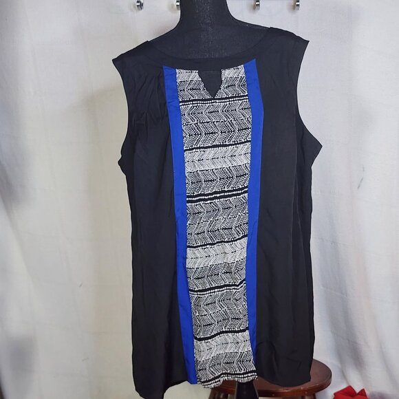 Coldwater Creek Black White Blue Slevless V Notch Native Print Poly Top Sz 1X 18 - Picture 1 of 16